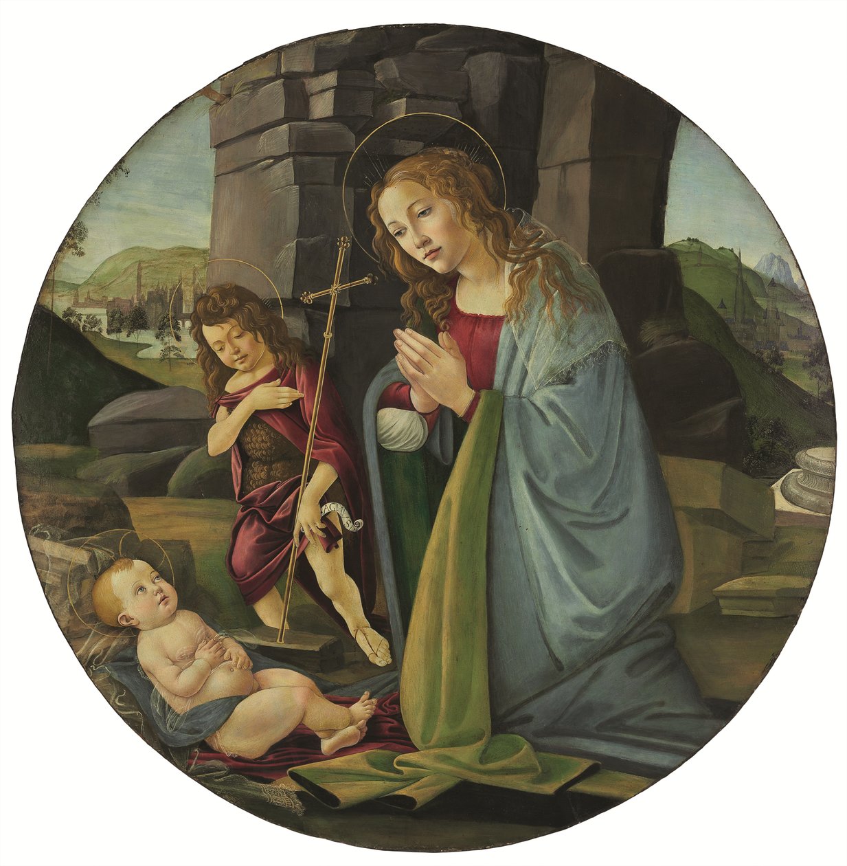 Madonna adorująca Dzieciątko z młodym świętym Janem Chrzcicielem (tempera i olej na panelu) autorstwa Sandro (and workshop) Botticelli