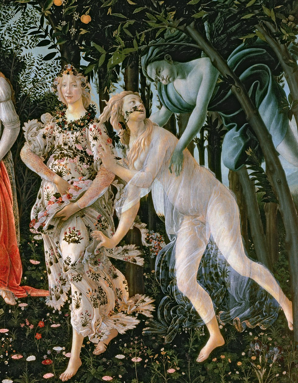 Szczegół Zefir i Flora jako Godzina Wiosny, z tempery Primavera na detalu panelu z 558 autorstwa Sandro Botticelli