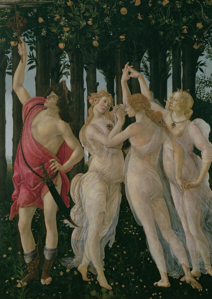 Szczegół Trzech Gracji i Merkurego, z tempery Primavery na detalu panelu z 558 autorstwa Sandro Botticelli