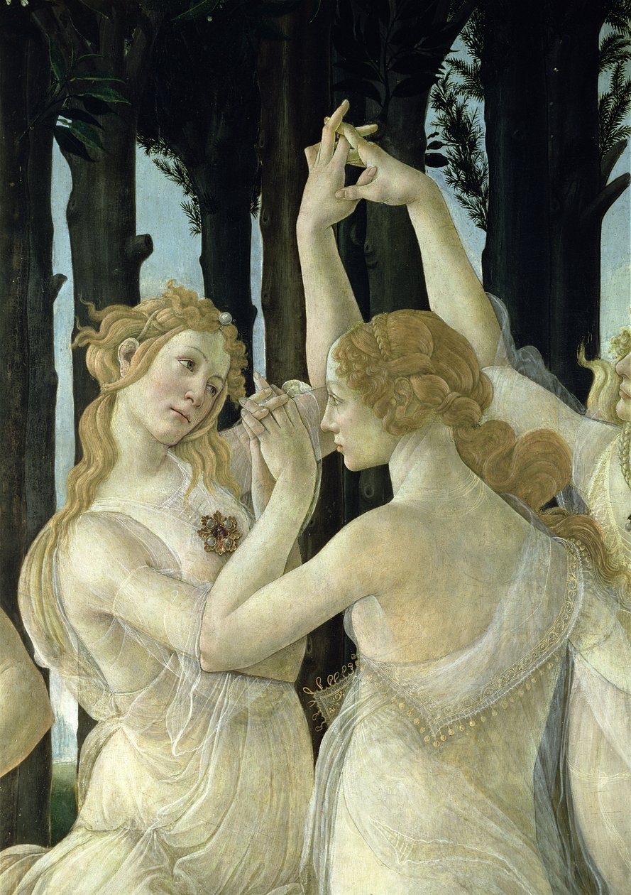 Detal dwóch z Trzech Gracji, z tempery Primavera na detalu panelu z 558 autorstwa Sandro Botticelli