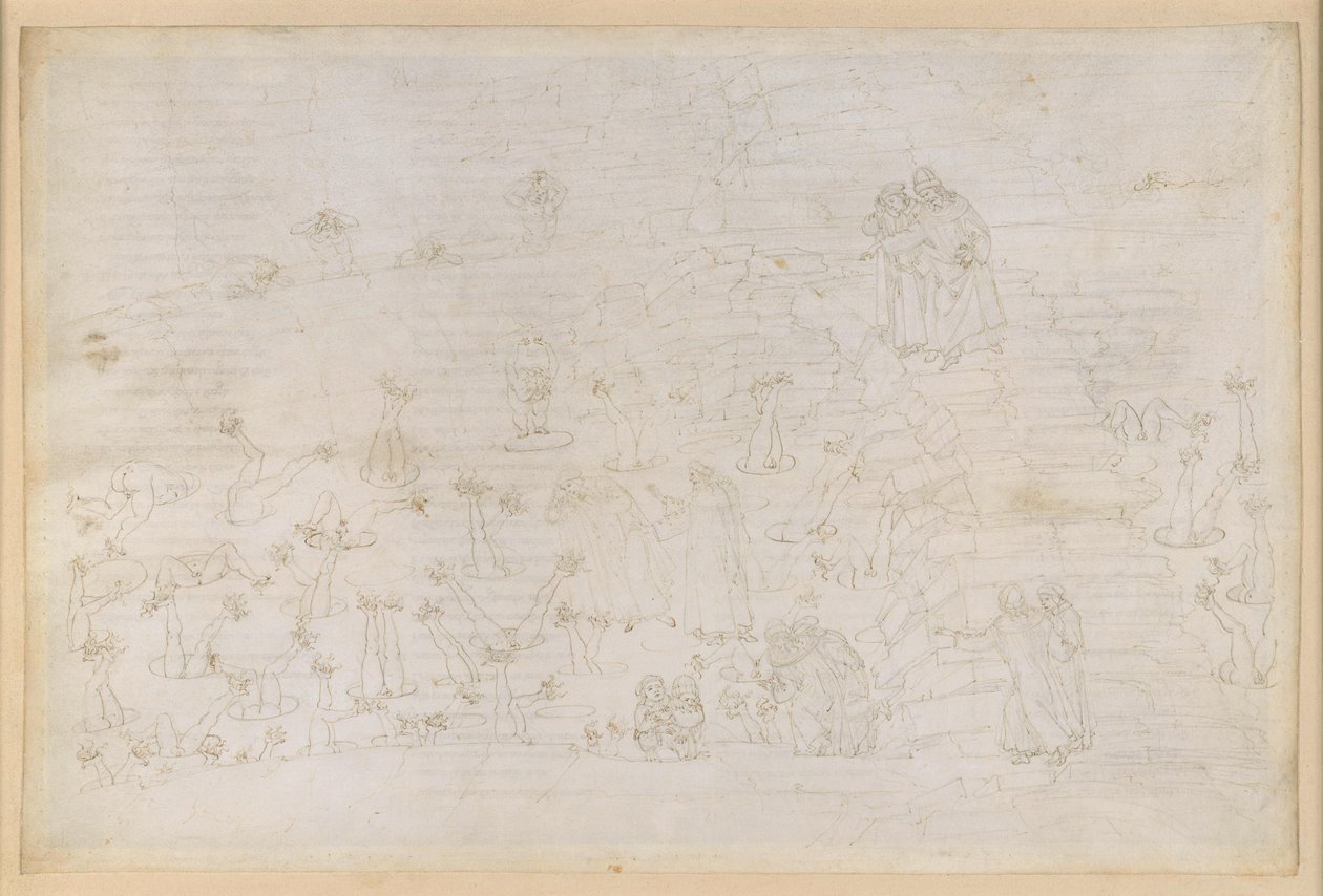 „Boska komedia”, „Piekło”, XIX. Wergiliusz i Dante w ósmym kręgu piekła (Malebolge), 3. bolgia: skorumpowani urzędnicy kościelni, kara dla simonistów autorstwa Sandro Botticelli