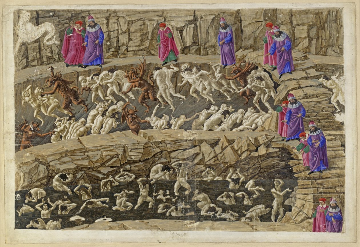 „Boska komedia”, „Piekło”, XVIII. Wergiliusz i Dante w ósmym kręgu piekła (Malebolge), 1. i 2. bolgia: kara dla swatów i uwodzicieli, pochlebców i nierządnic autorstwa Sandro Botticelli