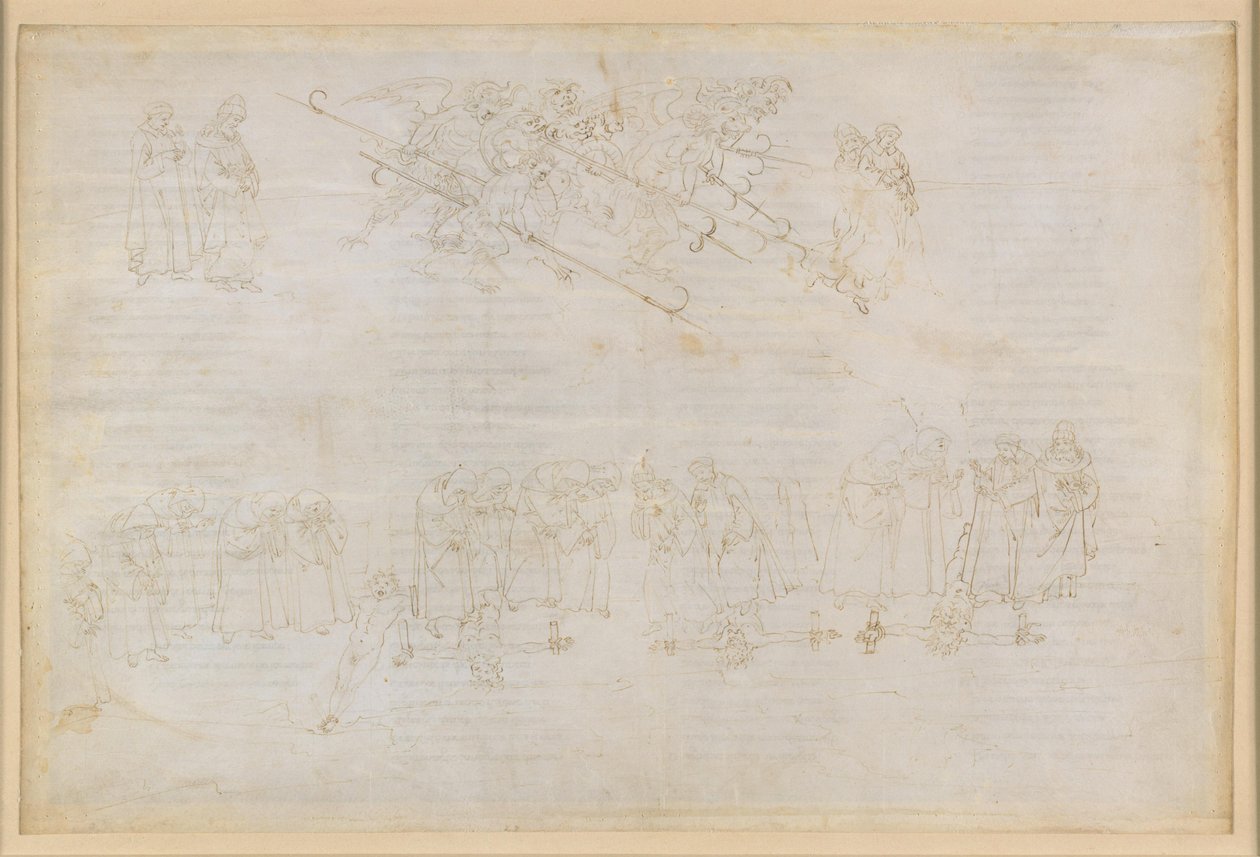 „Boska komedia”, „Piekło” XXIII. Wergiliusz i Dante w ósmym kręgu piekła (Malebolge), 6. bolgia: kara dla hipokrytów autorstwa Sandro Botticelli