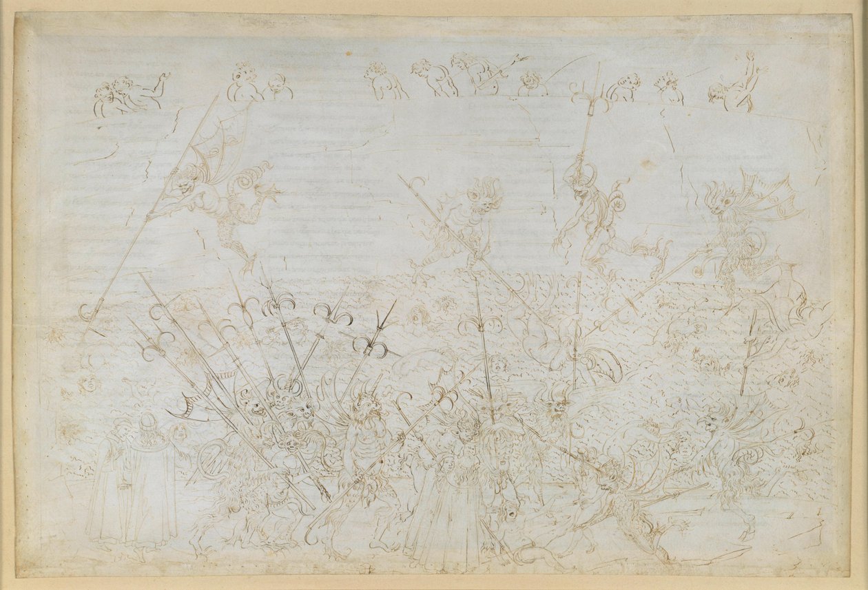 „Boska komedia”, „Piekło” XXII. Wergiliusz i Dante w ósmym kręgu piekła (Malebolge), 5. bolgia: kara dla skorumpowanych; ucieczka Ciampolo autorstwa Sandro Botticelli