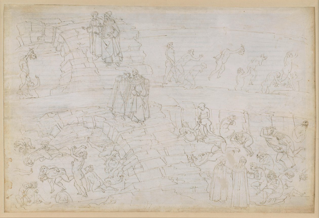 „Boska komedia”, „Piekło”, XXIX. Wergiliusz i Dante w ósmym kręgu piekła (Malebolge), 10. bolgia: kara dla fałszerzy i alchemików autorstwa Sandro Botticelli