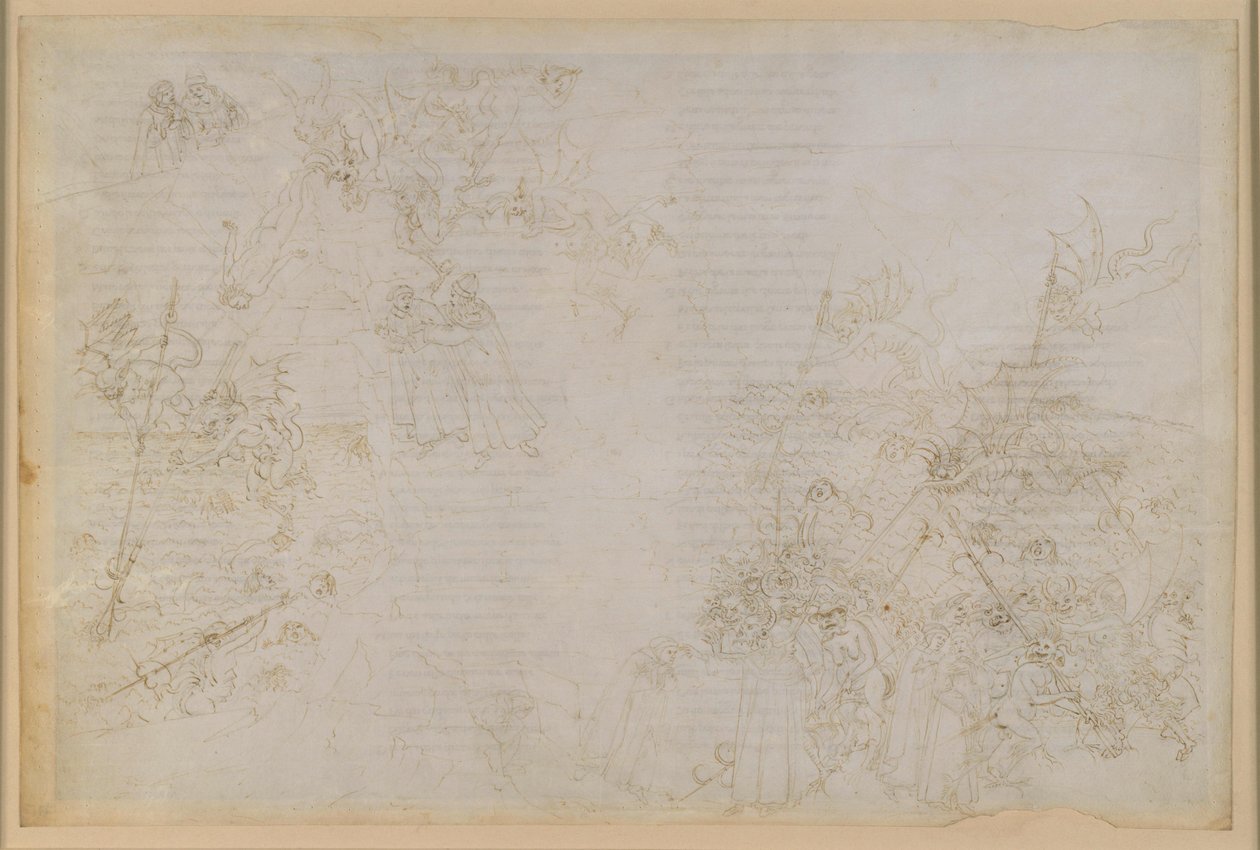 „Boska komedia”, „Piekło”, XXI. Wergiliusz i Dante w ósmym kręgu piekła (Malebolge), 5. bolgia: kara dla skorumpowanych urzędników państwowych; eskorta diabłów autorstwa Sandro Botticelli