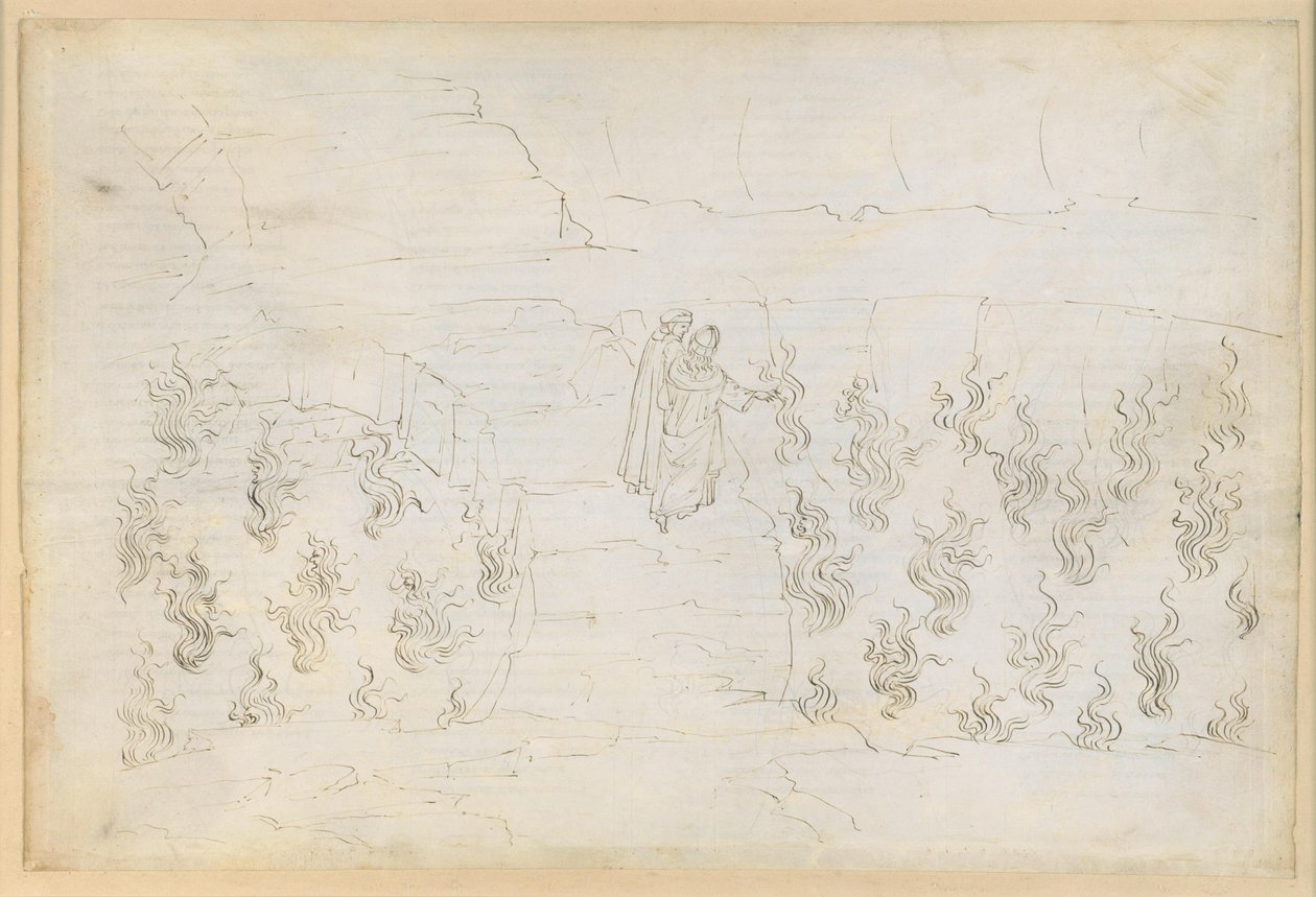 „Boska komedia”, „Piekło” XXVII: Ósmy krąg piekła (Malebolge), 8. bolgia: Kara dla fałszywych doradców; rozmowa z Guido da Montefeltro autorstwa Sandro Botticelli