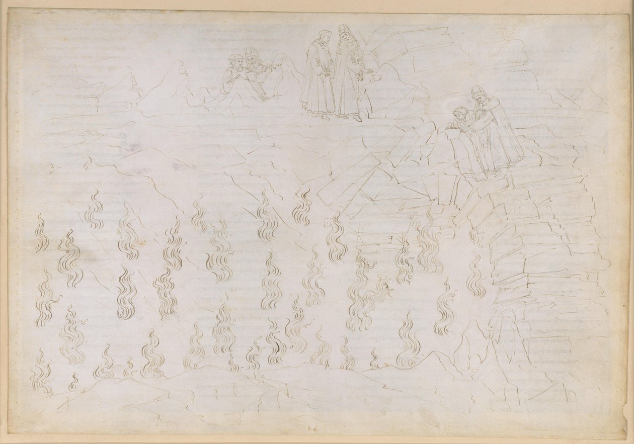 „Boska komedia”, „Piekło” XXVI. Wergiliusz i Dante w ósmym kręgu piekła (Malebolge), 8. bolgia: kara dla fałszywych doradców; rozmowa z Odyseuszem autorstwa Sandro Botticelli