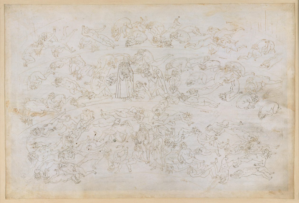 „Boska komedia”, „Piekło” XXXIII. Dziewiąty krąg piekła (Cocytus), trzeci pas: wyznanie grzechów hrabiego Ugolino; kara dla zdrajców gości w lodzie Ptolemei autorstwa Sandro Botticelli
