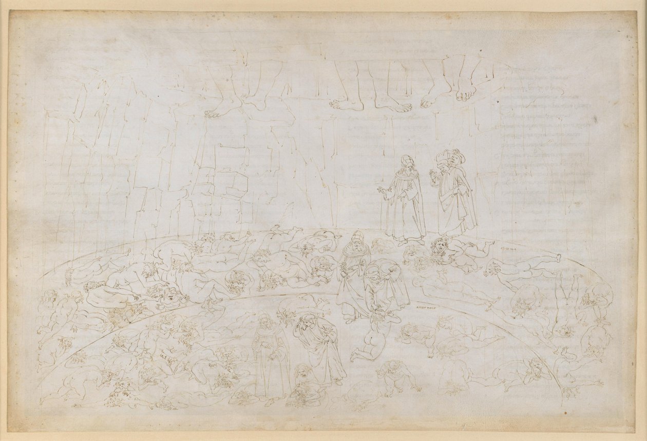 „Boska komedia”, „Piekło” XXXII. Dziewiąty krąg (Cocytus), 1. i 2. pas: Kara dla zdrajców rodziny i ojczyzny w lodzie Caina i Antenora autorstwa Sandro Botticelli