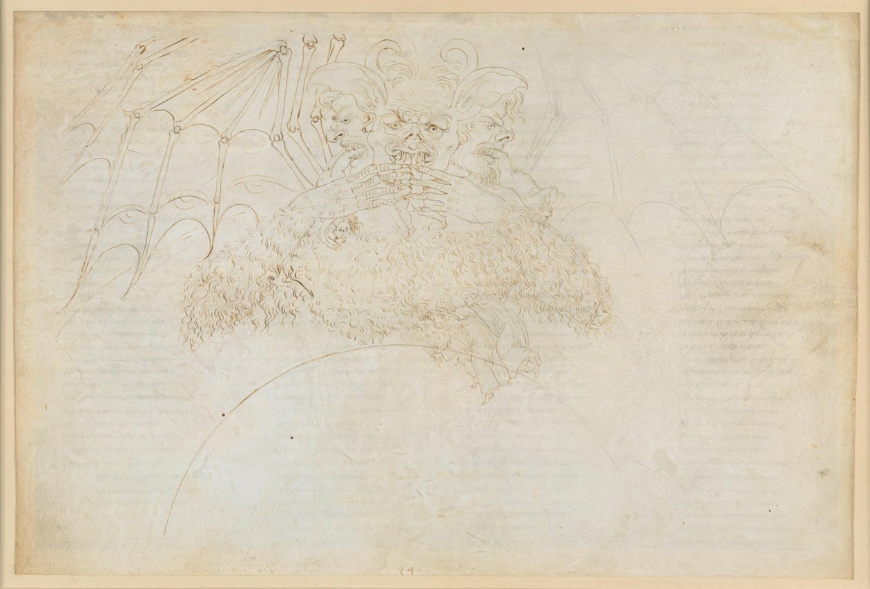 „Boska komedia”, „Piekło” XXXIV (1): Centrum piekła: Lucyfer w lodzie Giudeccy, miażdżący Judasza, Brutusa i Kasjusza autorstwa Sandro Botticelli