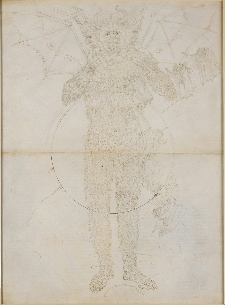 „Boska komedia”, „Piekło” XXXIV (2). Centrum piekła: Lucyfer w pełnej postaci (Wielki Szatan); Pożegnanie z piekłem autorstwa Sandro Botticelli