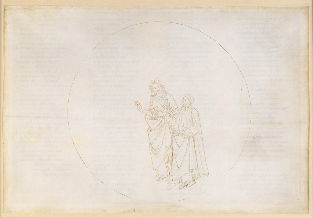 „Boska komedia”, „Raj”, IX. Trzecia sfera planetarna (niebo Wenus): Cunizza d’Romano i Folquet z Marsylii wyjaśniają Danteemu istotę swojej gwiazdy autorstwa Sandro Botticelli