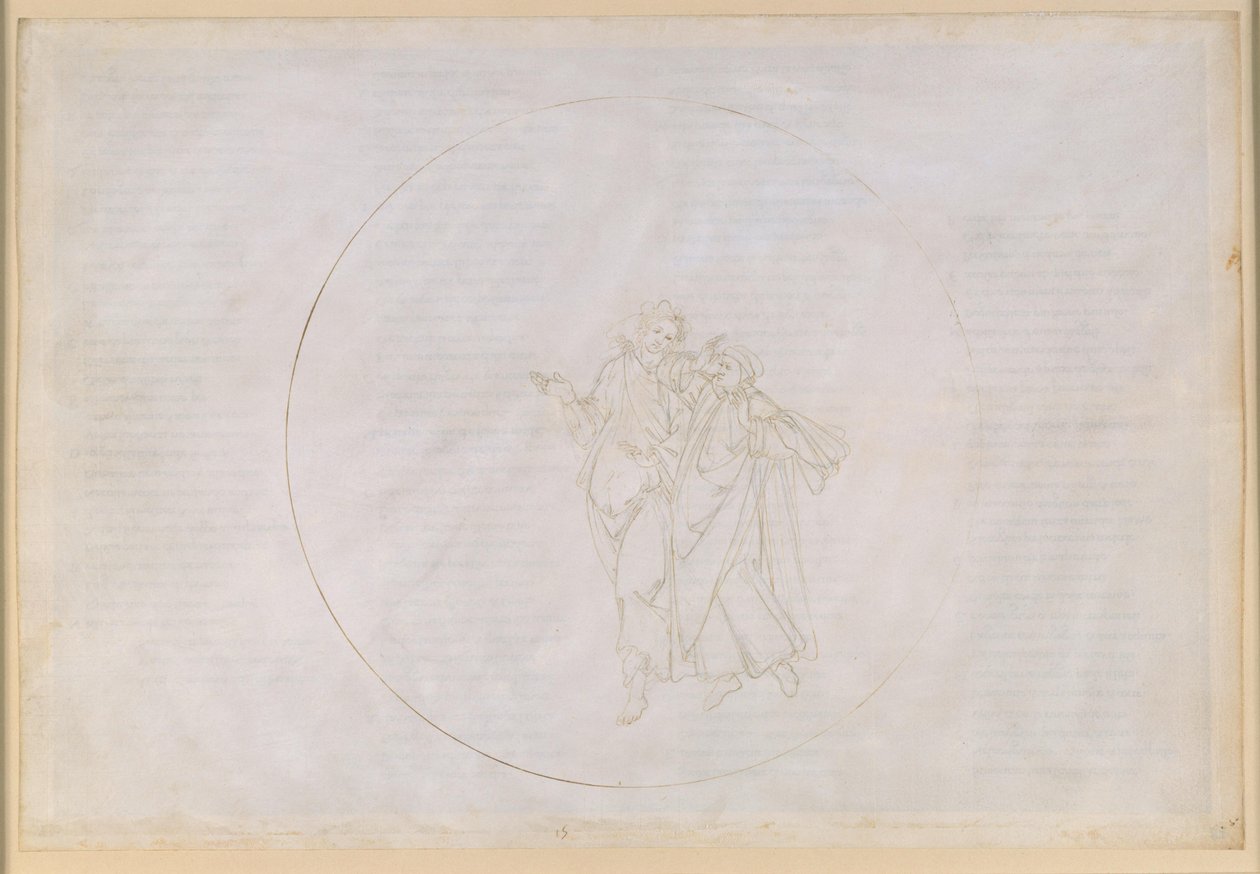 „Boska komedia”, „Raj”, pieśń XV. Piąta sfera planetarna (niebo Marsa): Cacciaguida, przodek rodu Alighieri, opowiada Danteemu o swoich przodkach w dawnej Florencji autorstwa Sandro Botticelli