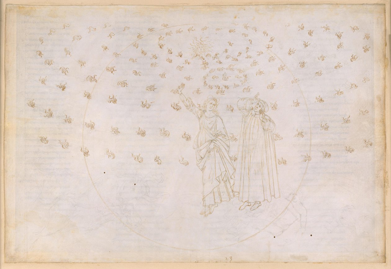 „Boska komedia”, „Raj”, XXIII. Ósma sfera (niebo gwiazd stałych): wizja triumfu Chrystusa; Dante widzi Beatrycze w jej prawdziwej postaci; taniec Maryi i dwunastu apostołów autorstwa Sandro Botticelli