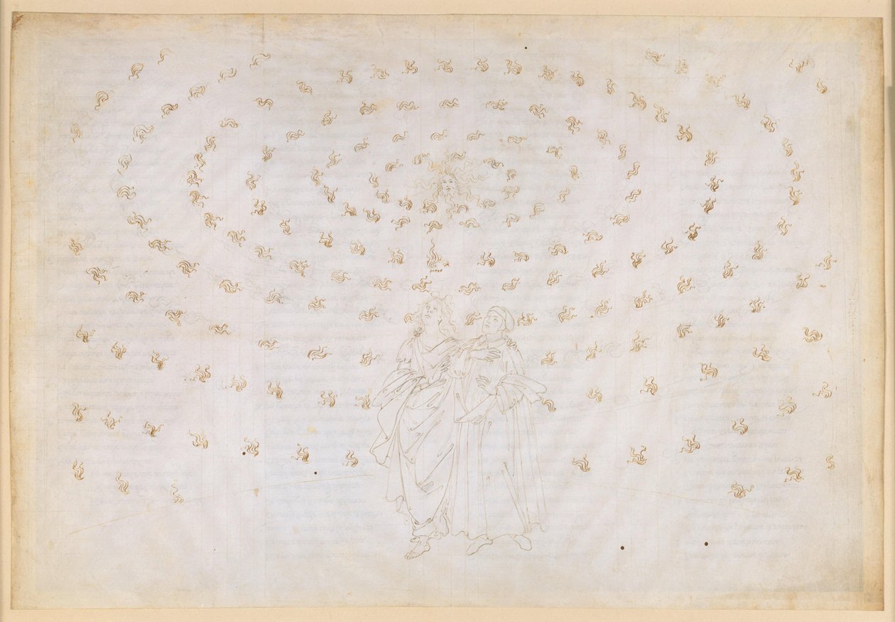 „Boska komedia”, „Raj”, XXIV. Ósma sfera (niebo gwiazd stałych): Beatrice prosi Piotra, by sprawdził jej ucznia pod kątem prawdziwej wiary, która jest pierwszą cnotą teologiczną; wyznanie wiary Dantego autorstwa Sandro Botticelli