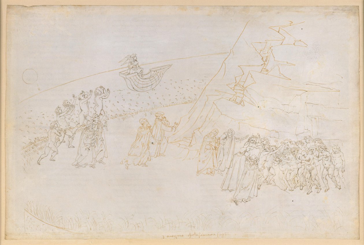 „Boska komedia”, „Purgatorium” III. Przedpurgatorium (Pierścień Wysp): pokuta zmarłych w ekskomunice; rozmowa z Manfredem von Hohenstaufenem autorstwa Sandro Botticelli