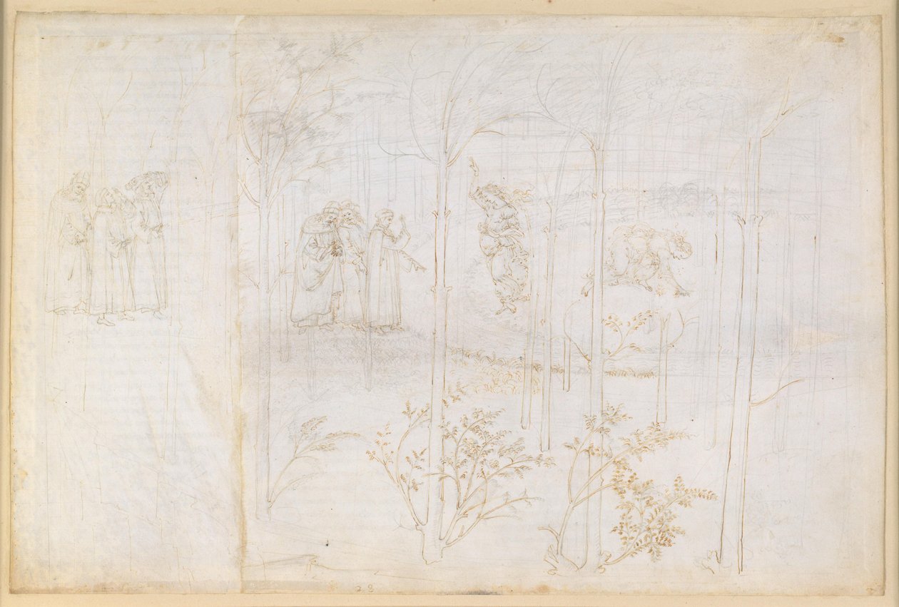 „Boska komedia”, „Czyściec”, XXVIII. Raj ziemski: Dante i Matelda nad rzeką Lethe autorstwa Sandro Botticelli
