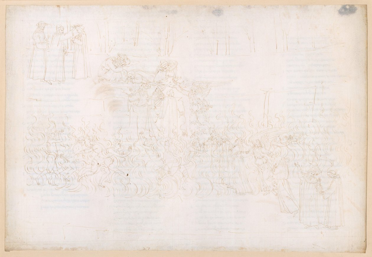 „Boska komedia”, „Czyściec”, XXVII. Wstąpienie do Raju Ziemskiego: Przejście przez ogień; Sen na schodach Raju Ziemskiego; Koronacja Dantego autorstwa Sandro Botticelli