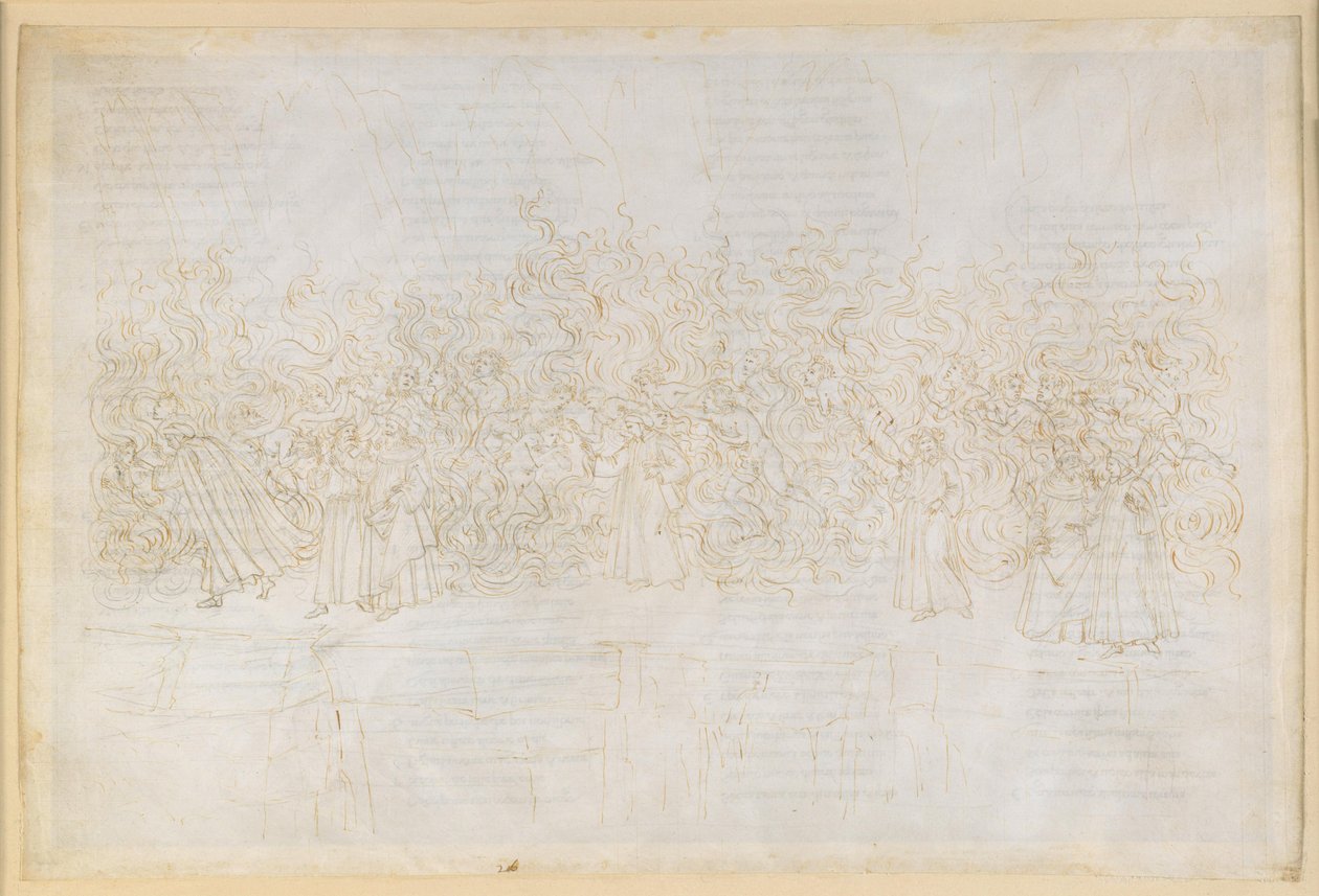 „Boska komedia”, „Czyściec” XXVI. Siódmy krąg czyśćca: pokuta lubieżników; rozmowa Dantego z Guido Guinizellim autorstwa Sandro Botticelli