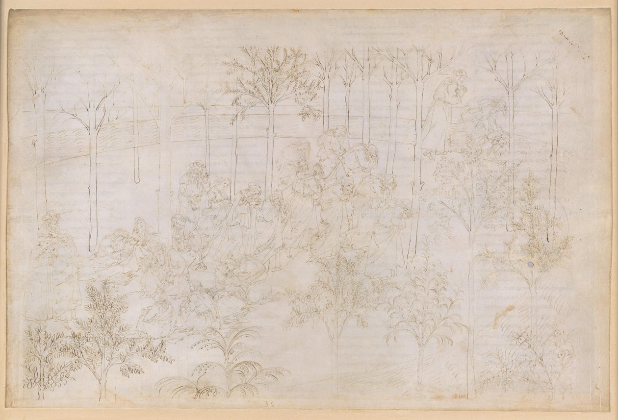 „Boska komedia”, „Czyściec”, pieśń XXXIII. Raj Ziemski: Beatrice w gronie cnót; wyruszenie w drogę; kąpiel Dantego w rzece Eunoe autorstwa Sandro Botticelli