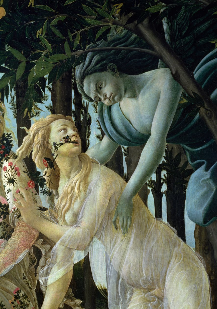 Primavera: Detal zefiru i flory tempera na panelu autorstwa Sandro Botticelli
