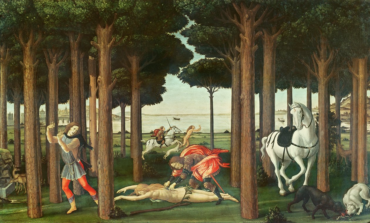 Wypatroszenie ściganej kobiety: scena II z Historii Nastagio degli Onesti, c.1483 (tempera na panelu) autorstwa Sandro Botticelli