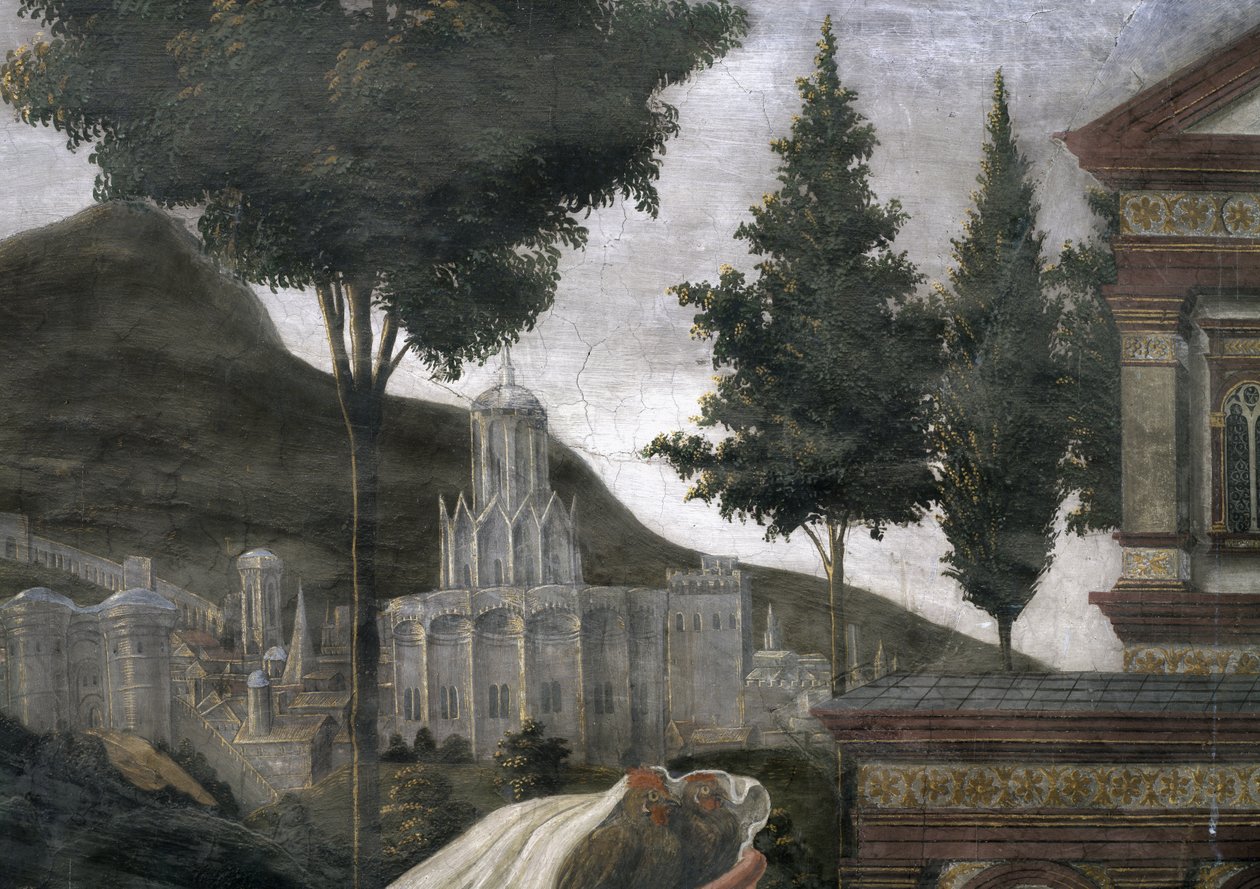 Oczyszczenie trędowatego i kuszenie Chrystusa, w Kaplicy Sykstyńskiej: detal wyimaginowanego miasta w krajobrazie, fresk z 1481 r. autorstwa Sandro Botticelli