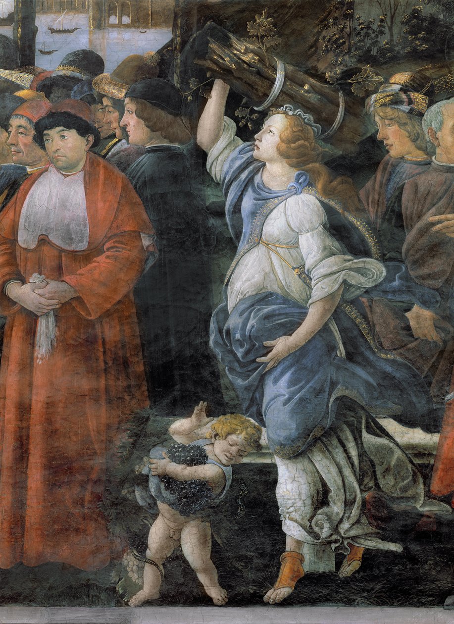 Oczyszczenie trędowatego i kuszenie Chrystusa w Kaplicy Sykstyńskiej: fragment kobiety niosącej drewno na opał i małego chłopca niosącego winogrona, fresk z 1481 roku autorstwa Sandro Botticelli