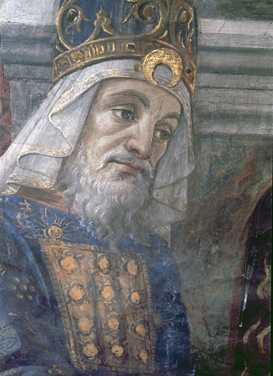 Oczyszczenie trędowatego i kuszenie Chrystusa, Kaplica Sykstyńska: fragment głowy kapłana, fresk z 1481 roku autorstwa Sandro Botticelli