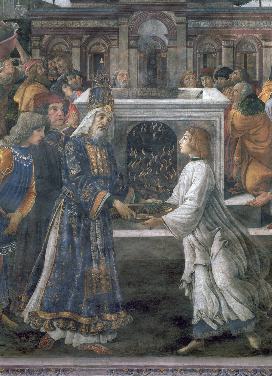 Oczyszczenie trędowatego i kuszenie Chrystusa w Kaplicy Sykstyńskiej: szczegół ceremonii oczyszczenia, fresk z 1481 roku autorstwa Sandro Botticelli
