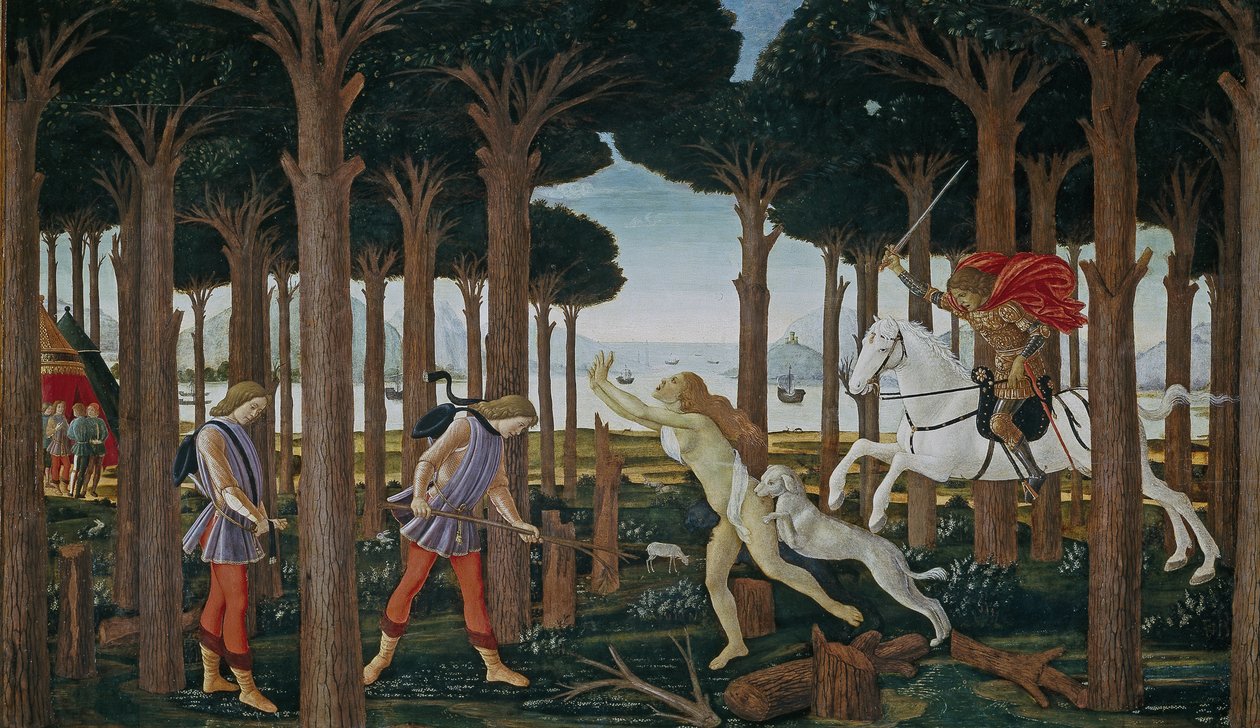 Historia Nastagio degli Onesti Pierwszy odcinek, ok. 1483 autorstwa Sandro Botticelli