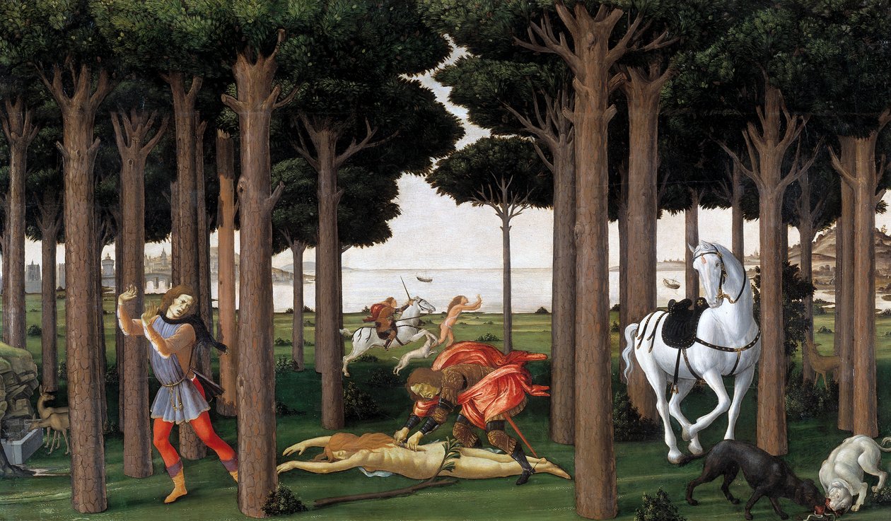 Historia Nastagio degli Onesti Drugi odcinek, ok. 1483 autorstwa Sandro Botticelli