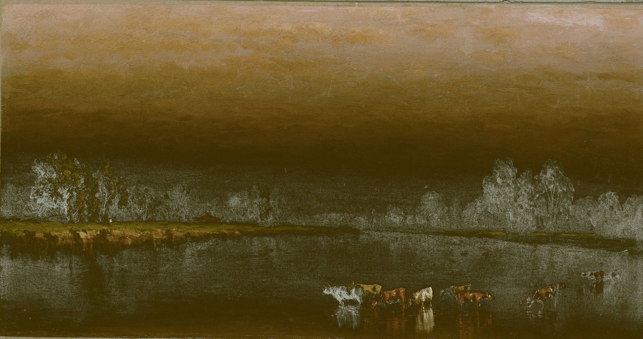 Krowy w stawie o zachodzie słońca autorstwa Sanford Robinson Gifford