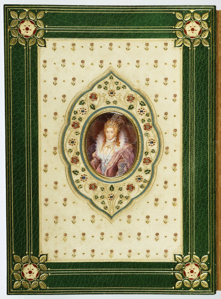Owalny portret królowej Elżbiety I (zielona lewantowa skóra maroka, kremowy jedwab, szafiry, pai) autorstwa Sangorski and Sutcliffe