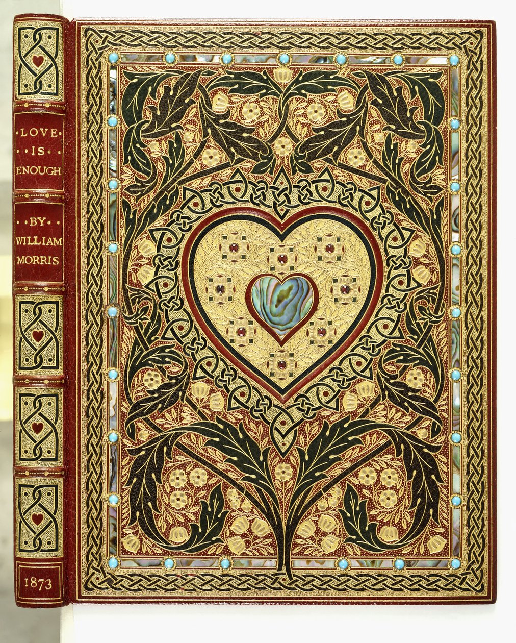 Przednia okładka książki „Love is Enough or The Freeing of Pharamond” autorstwa Williama Morrisa autorstwa Sangorski and Sutcliffe