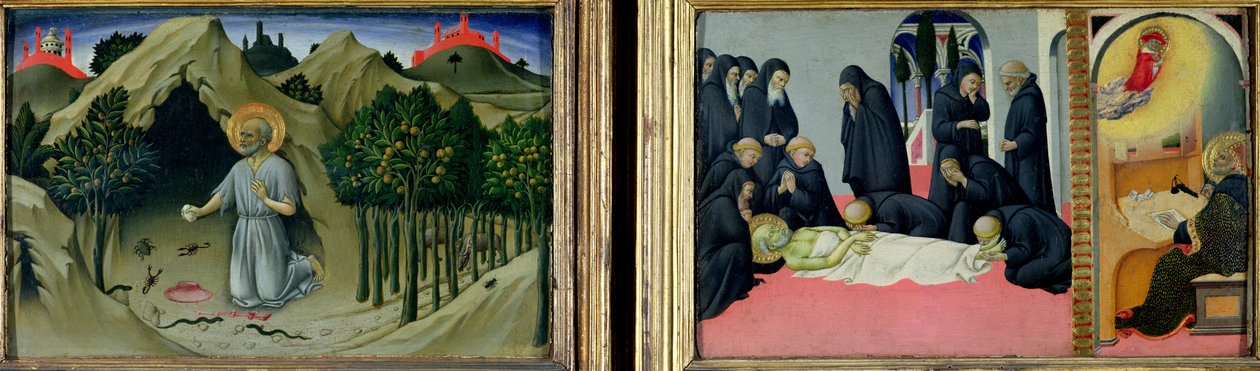 Pokuta św. Hieronima oraz śmierć i objawienie św. Hieronima św. Cyrylowi Jerozolimskiemu, 1444 autorstwa Sano di Pietro