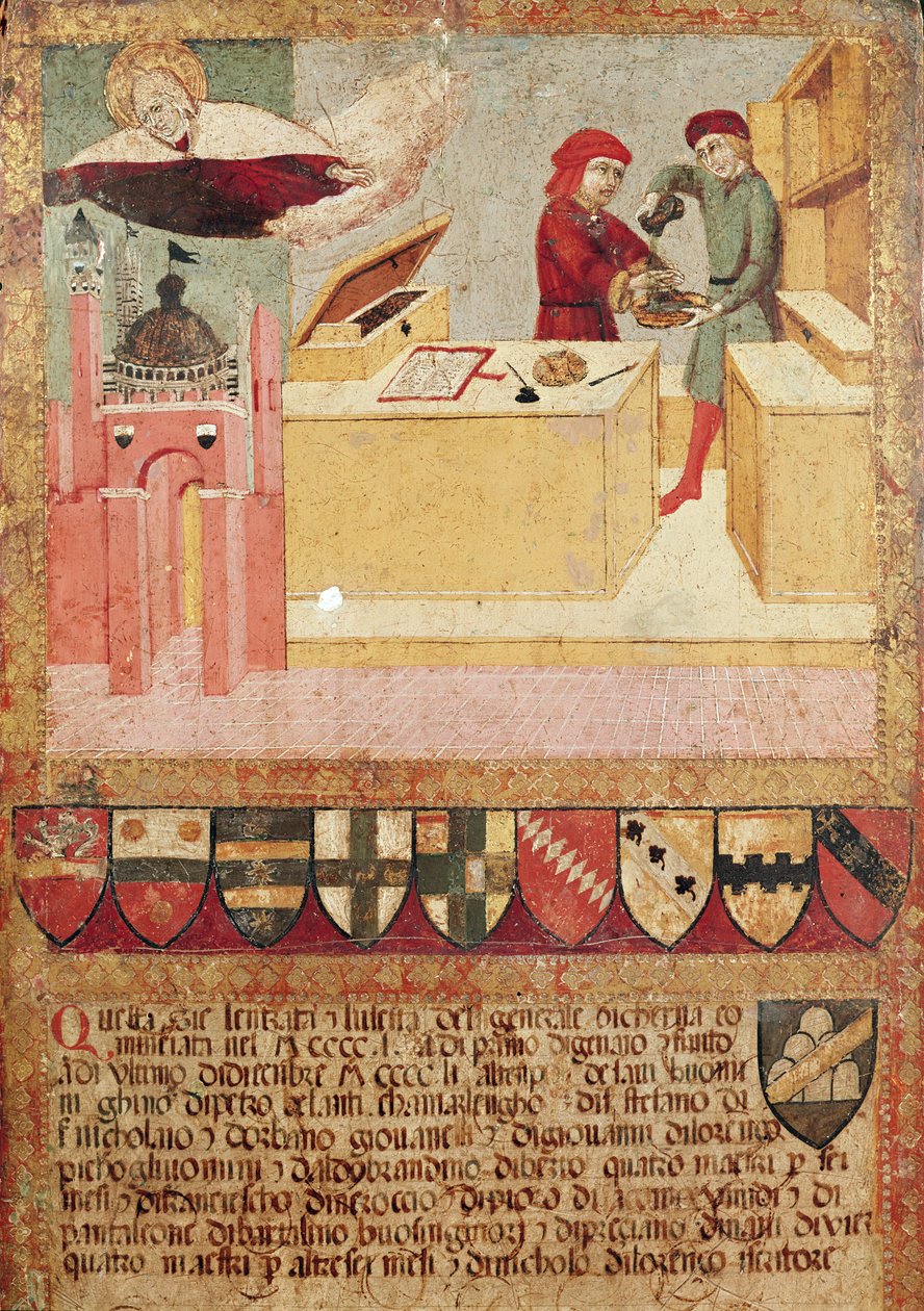 Biccherna pokazujący kamerlinga myjącego ręce i Dziewicę chroniącą Sienę, 1451 autorstwa Sano di Pietro