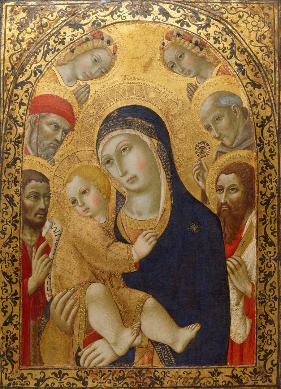 Madonna z Dzieciątkiem ze świętymi Hieronima, Janem Chrzcicielem, Bernardynem i Bartłomiejem, ok. 1450-1475 autorstwa Sano di Pietro
