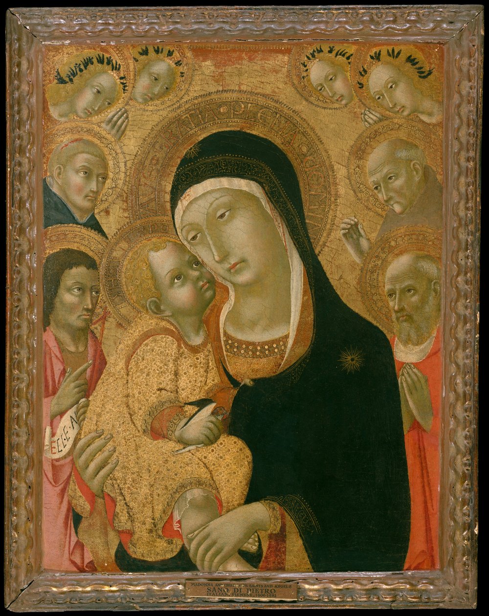 Madonna z Dzieciątkiem ze świętymi Janem Chrzcicielem, Hieronimem, Piotrem Męczennikiem..., ca. 1425-przed ok. 1467. autorstwa Sano di Pietro