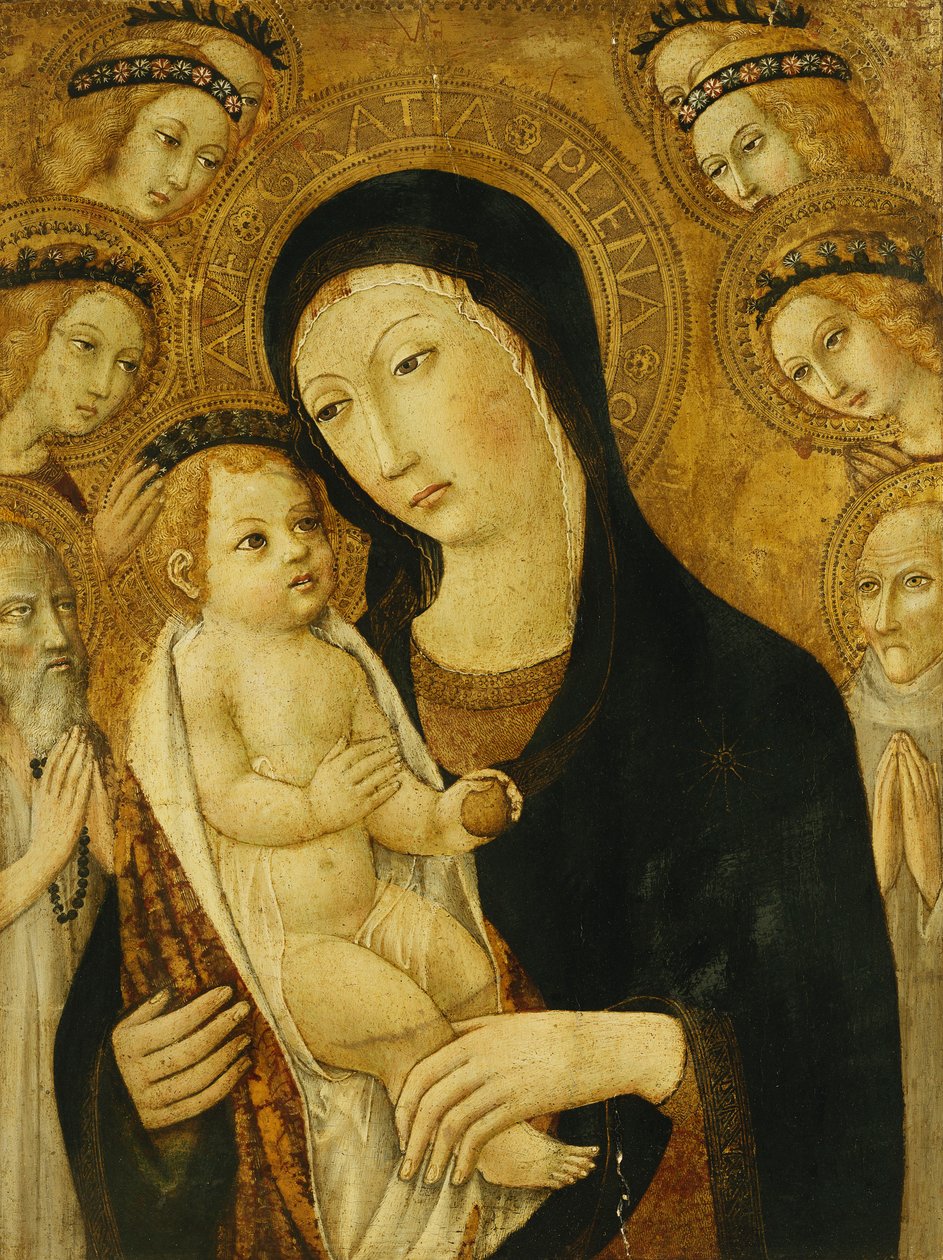 Madonna z Dzieciątkiem, ze świętymi Antonim Abbottem i Bernadino ze Sieny, w otoczeniu aniołów, autorstwa Sano di Pietro