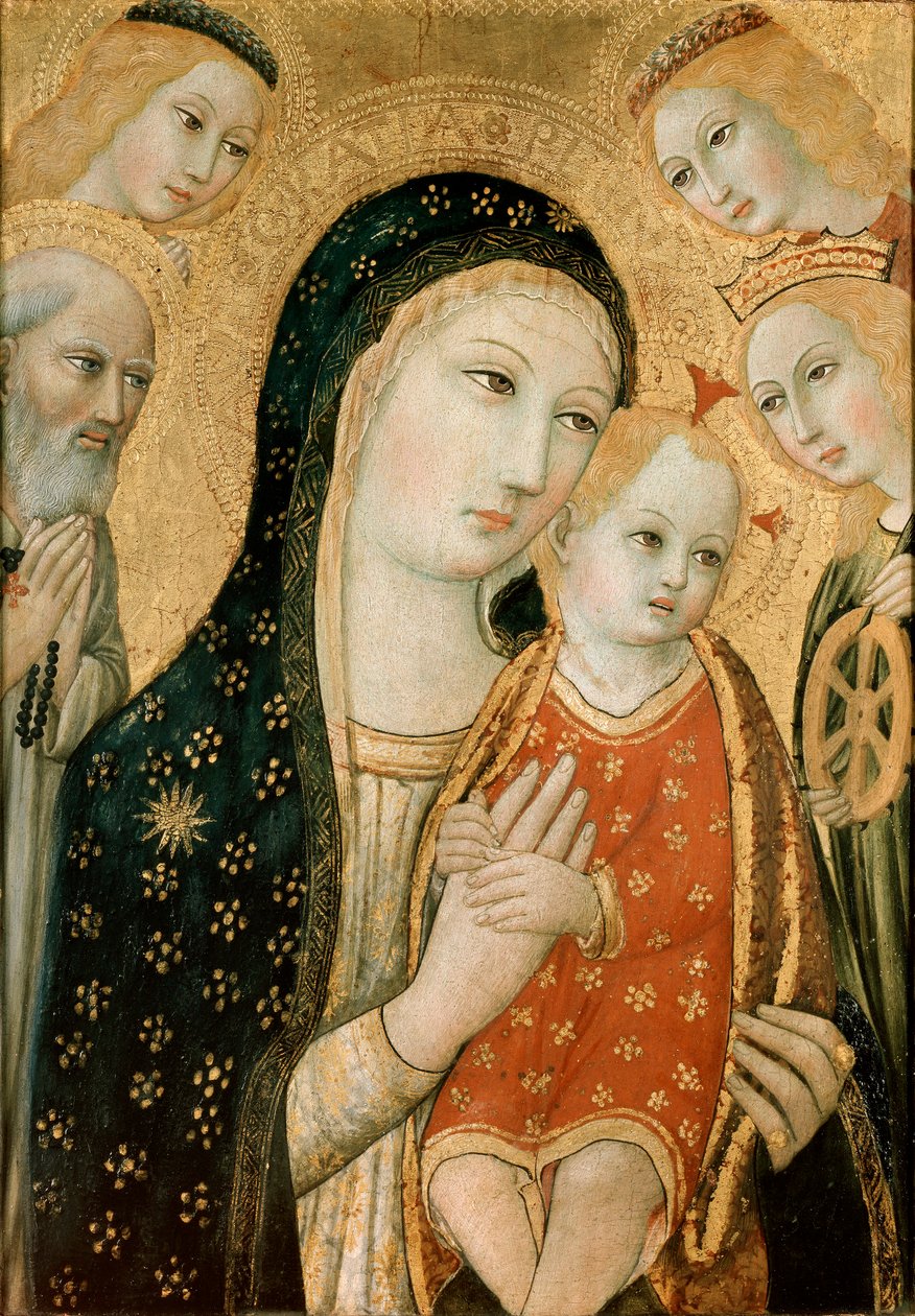 Dziewica z Dzieciątkiem ze św. Hieronima, św. Katarzyną Aleksandryjską i dwoma aniołami, ok. 1470 autorstwa Sano di Pietro
