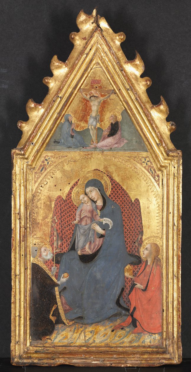 Dziewica z Dzieciątkiem Adorowana przez św. Marię Magdalenę i Mikołaja z Bari, Chrystus Ukrzyżowany..., XIV w. autorstwa Sano di Pietro