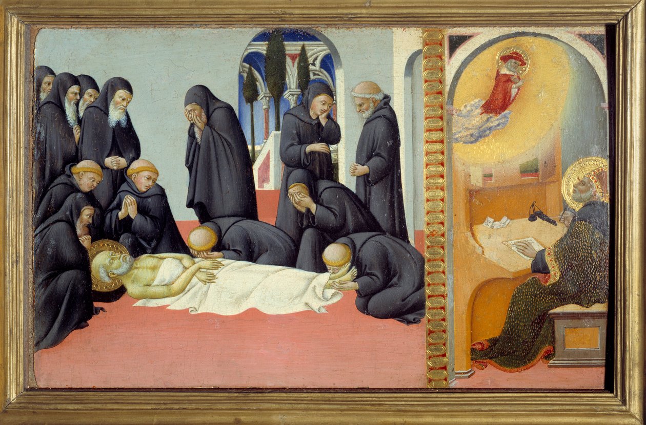 Scena z życia św. Hieronima: „Śmierć św. Hieronima i jego objawienie św. Augustynowi” Obraz na drewnie Sano di Pietro (1406-1481) Ndz. 0,23x0,37 m² autorstwa Sano di also Ansano di Pietro di Mencio Pietro