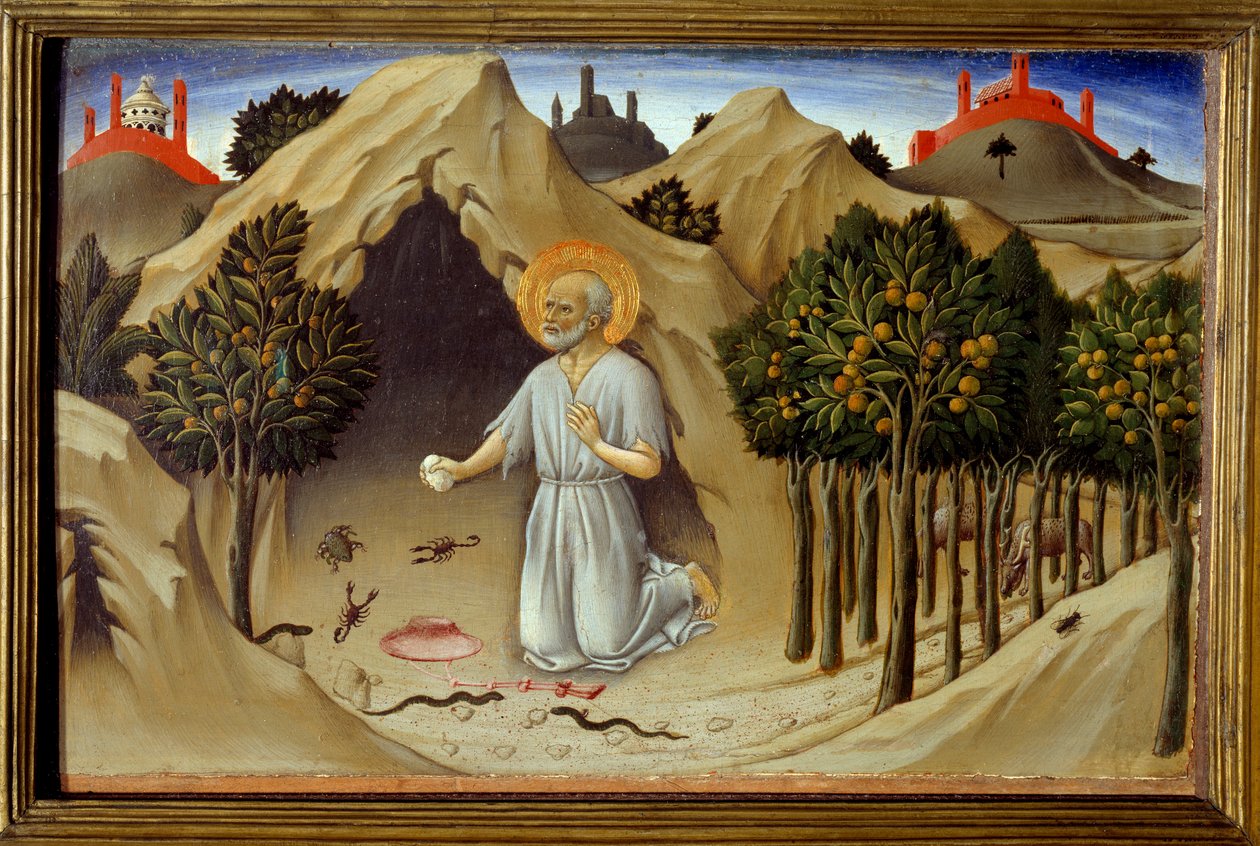 Scena z życia św. Hieronima: „Pokuta św. Hieronima” Obraz Sano di Pietro (1406-1481) XV wiek. Słońce 0,23x0,36 m autorstwa Sano di also Ansano di Pietro di Mencio Pietro