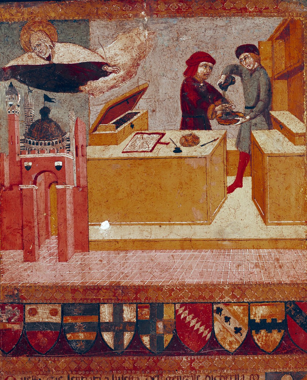 Kamerlingwista symbolicznie myje ręce, podczas gdy życzliwa i opiekuńcza Dziewica przelatuje nad miastem Siena Detail. Obraz na drewnie autorstwa Sano di Pietro (1406-1481) zdobiący Biccherna (okładka księgi rachunkowej miasta Siena) 1451. autorstwa Sano di also Ansano di Pietro di Mencio Pietro