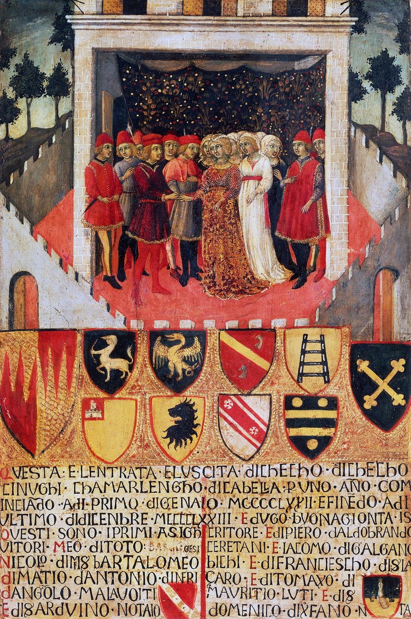 Dar pierścienia, scena ślubu między sieneńskimi rodami szlacheckimi autorstwa Sano di also Ansano di Pietro di Mencio Pietro
