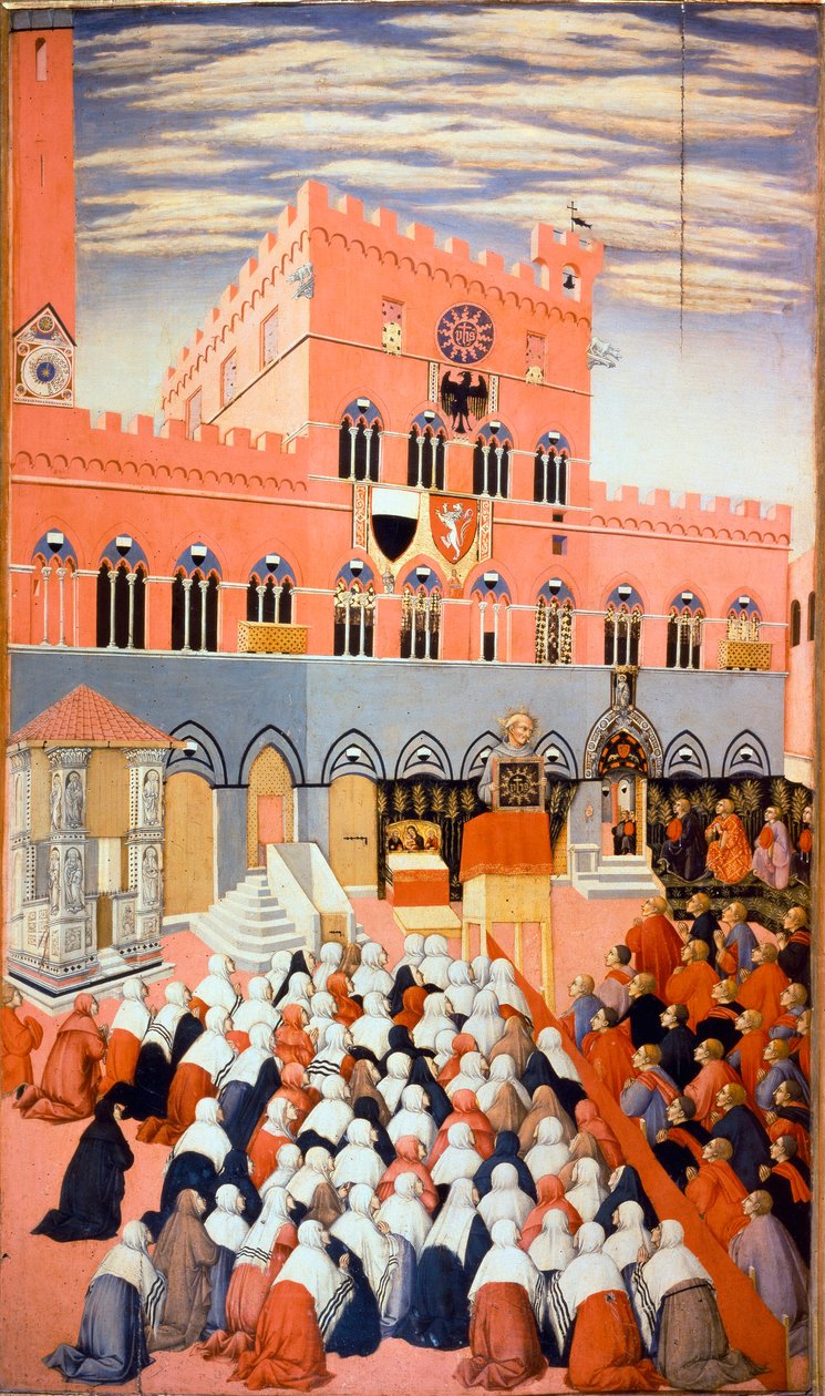 Orzeczenie Bernardino ze Sieny (Bernardino da Siena lub Bernardino degli Albizzeschi autorstwa Sano di also Ansano di Pietro di Mencio Pietro