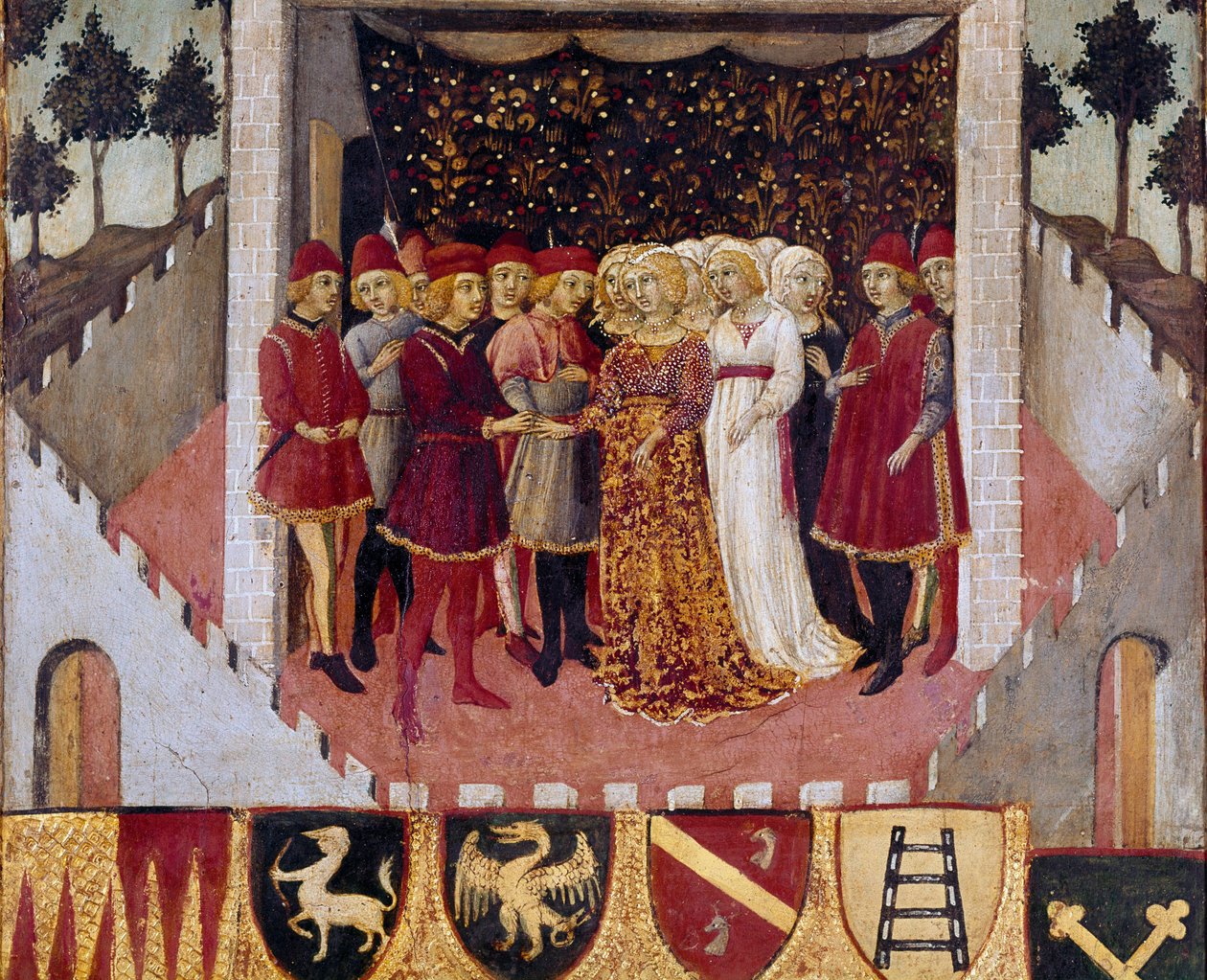 Ceremonia ślubna pary szlacheckiej miasta Sieny Obraz Sano di Pietro (1406-1481) zdobiący Biccherna (okładka księgi rachunkowej miasta Siena) 1473. Siena Archivio di Stato, Włochy autorstwa Sano di also Ansano di Pietro di Mencio Pietro