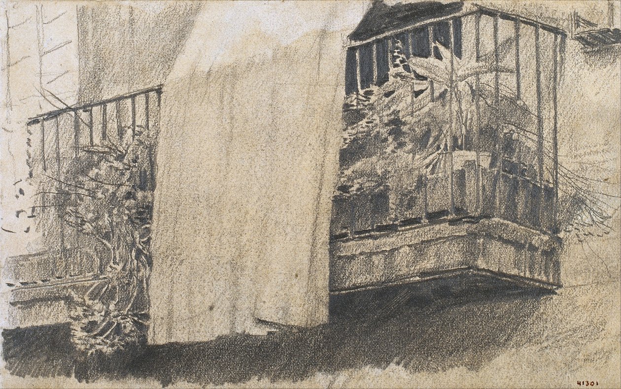 Balkon z kwiatami i zasłoną autorstwa Santiago Rusiñol